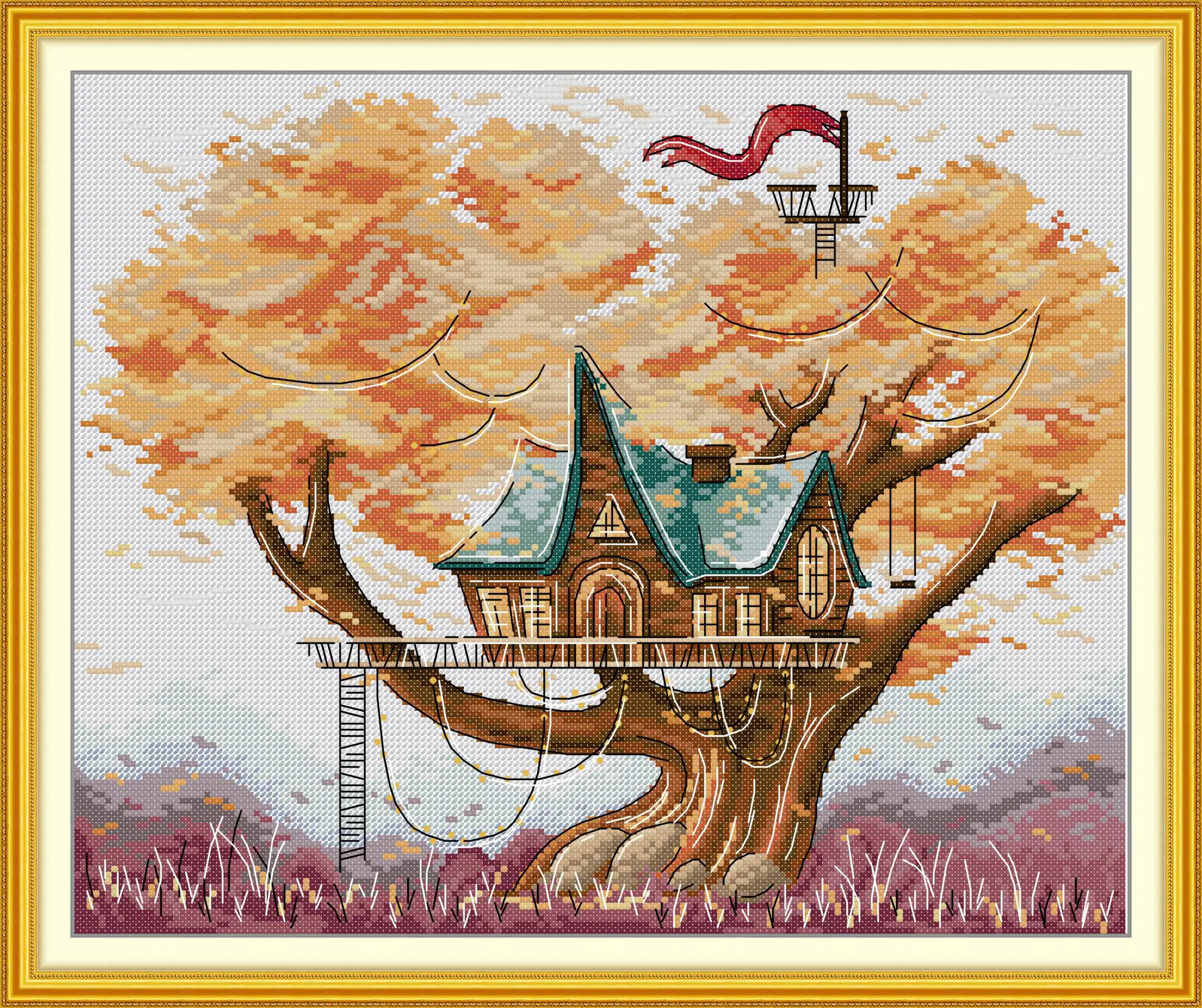 

Maydear Full Cross Stitch Kit, 11CT/14CT/16CT/9CT Aida Fabric,DMC Threads Sewing Pattern Embroidery Set-Tree house