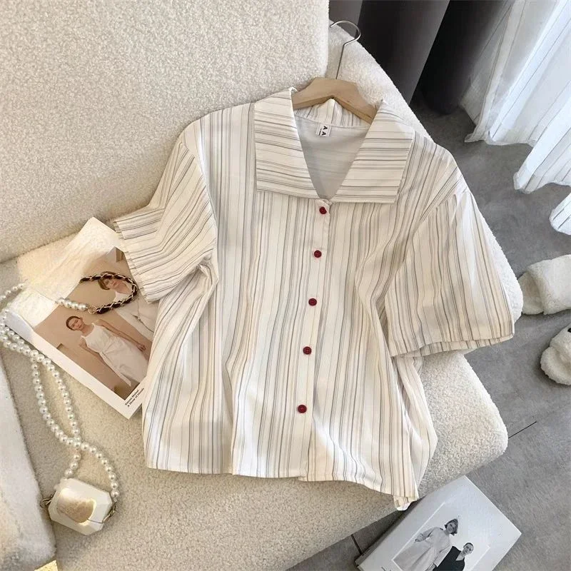 DAYIFUN-Women's Striped Lapel Short Sleeved Shirts Female Hong Kong Style Retro Design Chiffon Tops Summer Blouses 2024