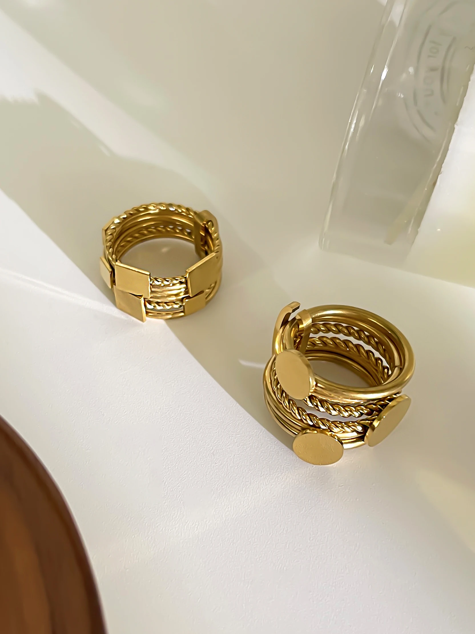 Peri\'sBox Detachable 6pcs Gold Plated Geometric Round Square Finger Rings for Women Men Unique Stainless Steel Stackable Jewelry