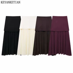 KEYANKETIAN 2024 Autumn/Winter New Women's Knitted Patchwork Skirt Office Lady Side Zipper Slim Solid color Pleated MIDI Skirt