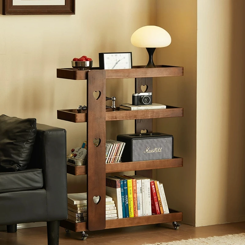 Solid Wood Multifunctional Rolling Cart Living Room Bookshelf Multi-tier Snack Storage Rack Narrow Space Saving Side Cabinet