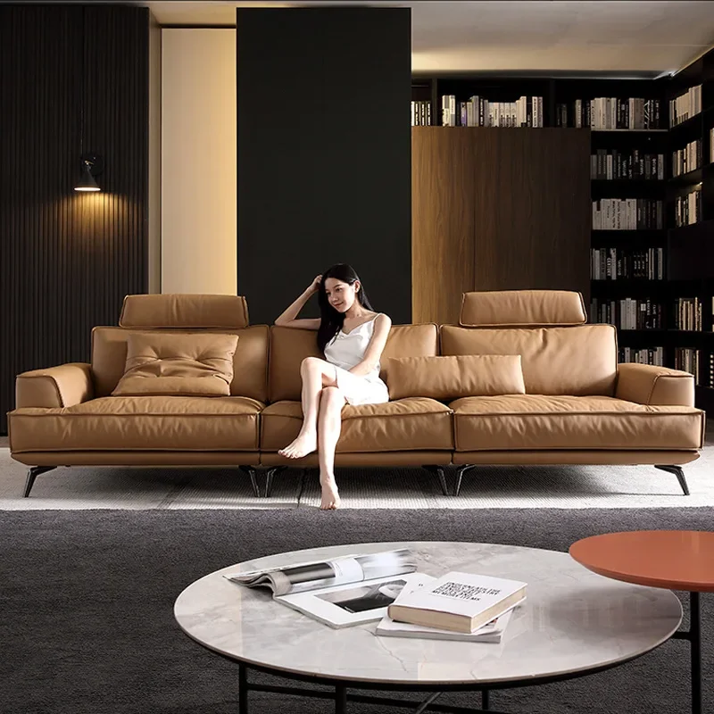 Italian minimalist leather first layer cowhide three-person high backrest headrest adjustment down straight row sofa