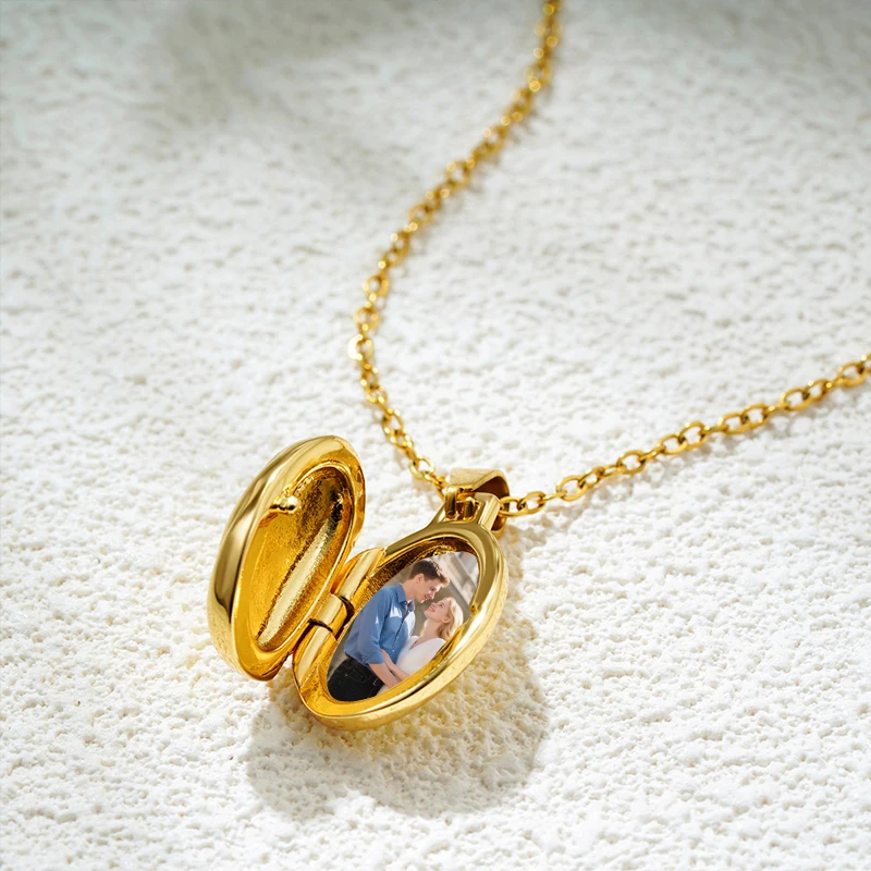 

Personalized Vintage Photo Locket Necklace, Gold Plated Oval Pendant Openable Small Album Custom Picture Memory Jewelry For Her