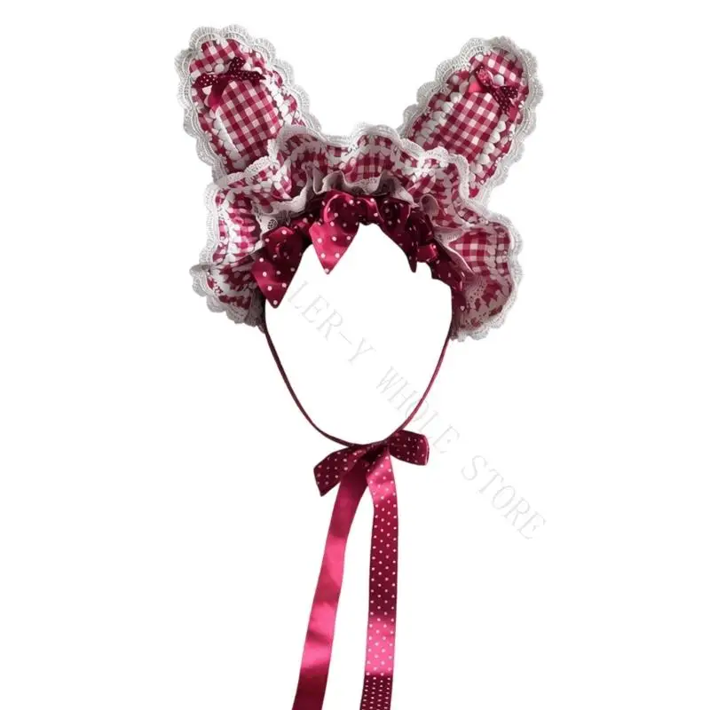 R7UF Elegant Lolitas Bunnies Ears Hair Clip Hat With Adjustable Ties Rabbits Ears Headbands For Cosplay And Themed Parties