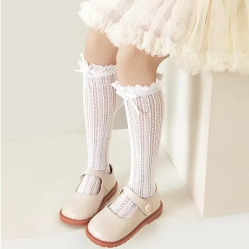 

Bowknot Ruffle Trim Design Stockings Parent Child Socks Lolita White Lace Silk Knee-High Socks Fishnet Hollow-out Floral Crochet