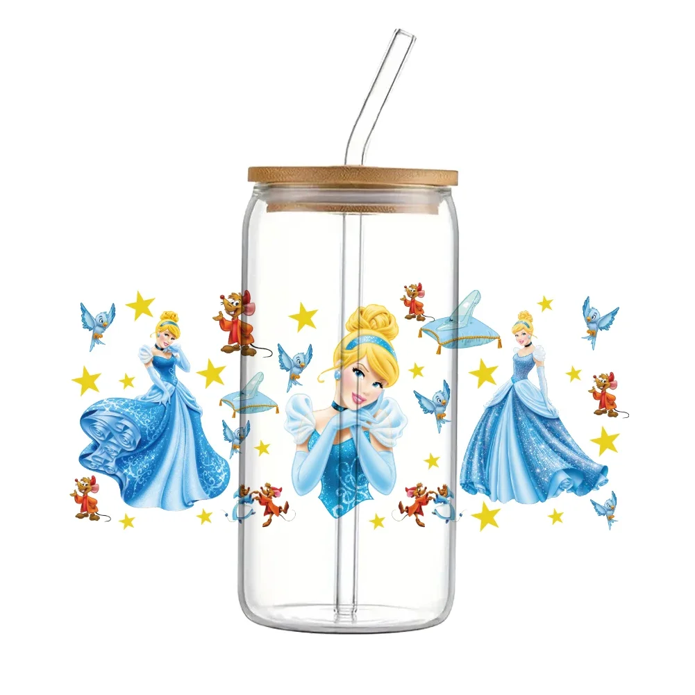 Princesa da Disney-adesivos de transferência uv dtf, 16oz, impermeável, adesivo permanente, para copo, vidro, cerveja, lata, copo