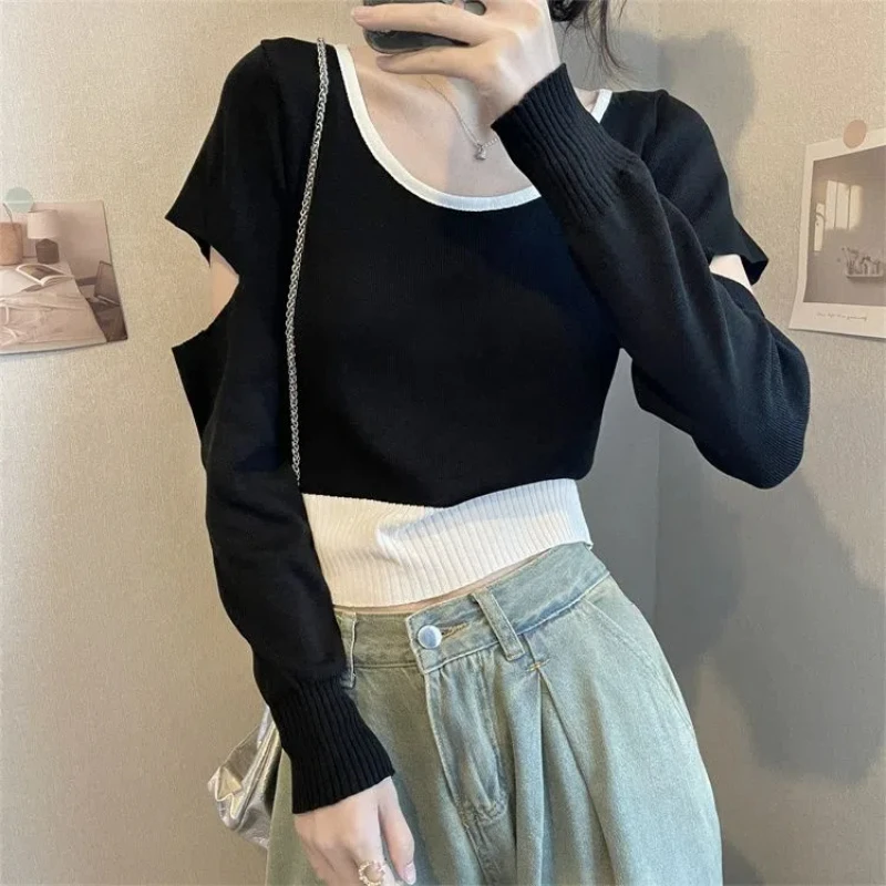 Fake Two Pieces Hollow Out Short Sweaters Autumn Long Sleeve Youth All-match Trend Pullovers Top Fashion Casual Women Clothing