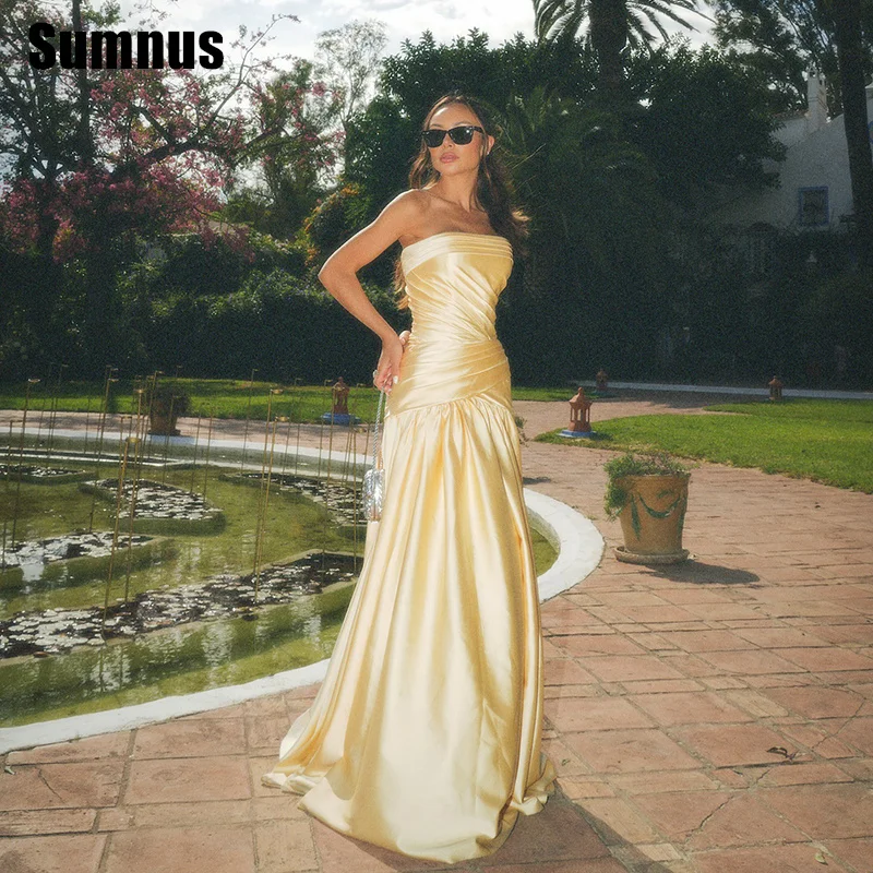 

Sumnus Charming A-Line Prom Dresses Sleeveless Pleats Satin Floor Length Evening Dresses فساتين سهرة Customized