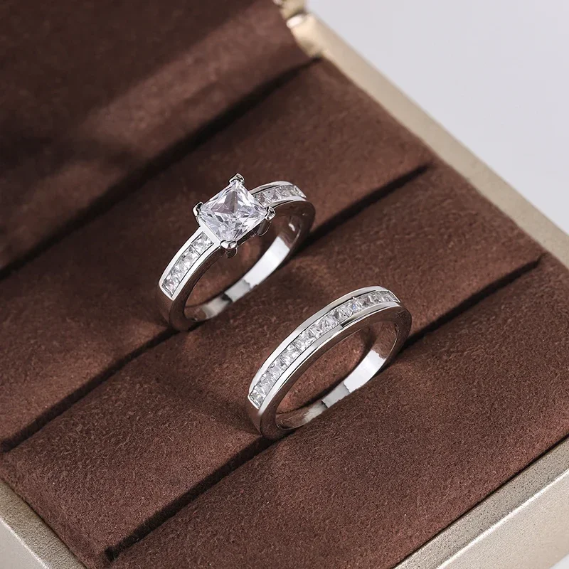 925 Silver Double Row Zircon Micro Inlaid Wedding Ring Set