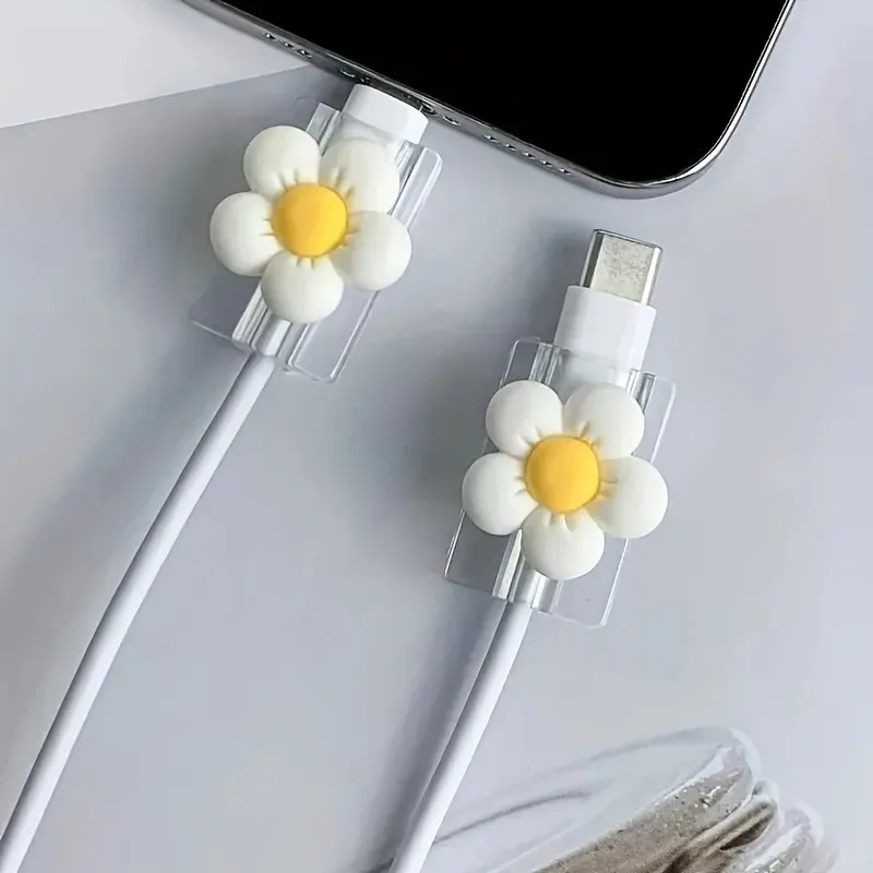 Protector de cable de dibujos animados, organizador de cables con bonitas flores, protector de cargador USB, enrollador de cables de datos Kawaii para iPhone, 2/10 Uds.