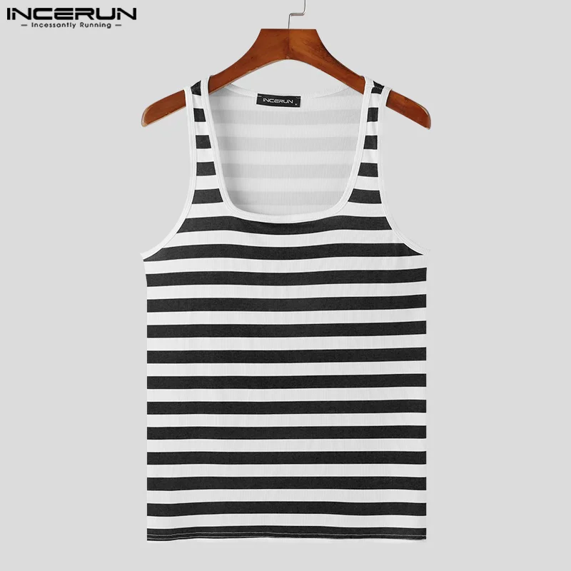 INCERUN Men\'s Striped Tank Tops Square Collar Sleeveless Fitness Summer Male Vests Streetwear 2024 Fashion Casual Men Clothing