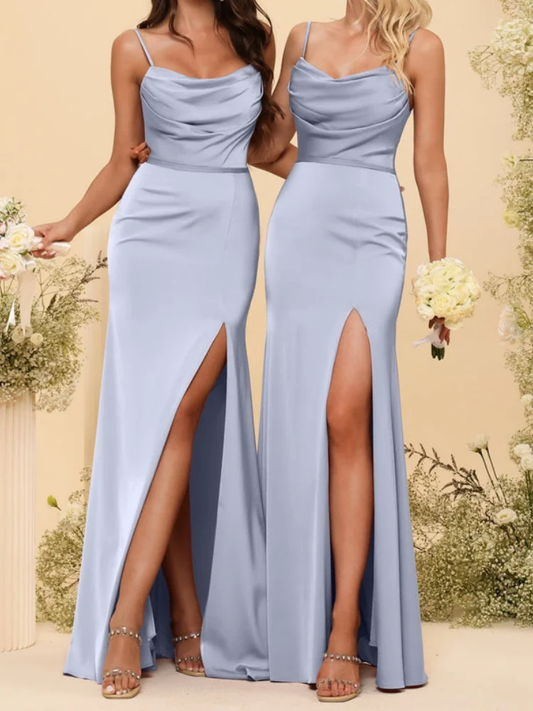 Satin Spaghetti Straps Bridesmaid Dress Plain Simple High Slit Backless Evening Dress Elegant Sleeveless Floor-Length Prom Gowns