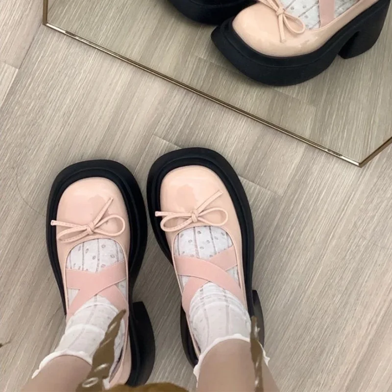 Kobiety Łuk Marie Jane Buty Platforma Moda Średnie Obcasy Sandały Nowe Czółenka Lolita Buty Sukienka Casual Chunky Designerm Mujer Shoes