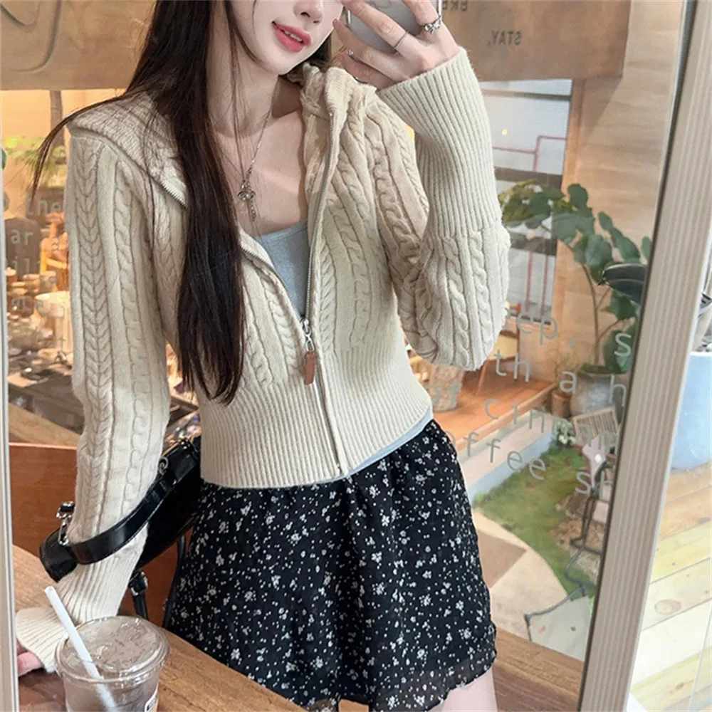 

2025 Twisted Hooded Knitted Cardigan for Women Autumn and Winter New Zipper Sweater Coat Petite Slim-fit Short Top for Outerwear