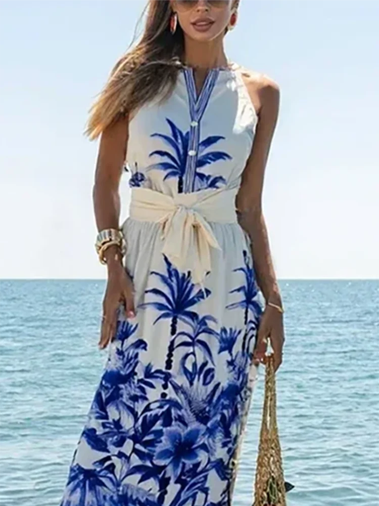 

Vintage Plant Printed Commute Two Piece Sets Summer O-neck Sleeveless Vest And Half Skirts Sets Casual Lady Slim Vacation Outfit