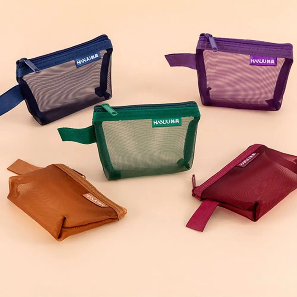 Lipstick Cosmetic Bag Clear Mesh Bag Coin Money Bags Small Item Bag Mini Coin Purse Sanitary Napkin Storage Bag Solid Color