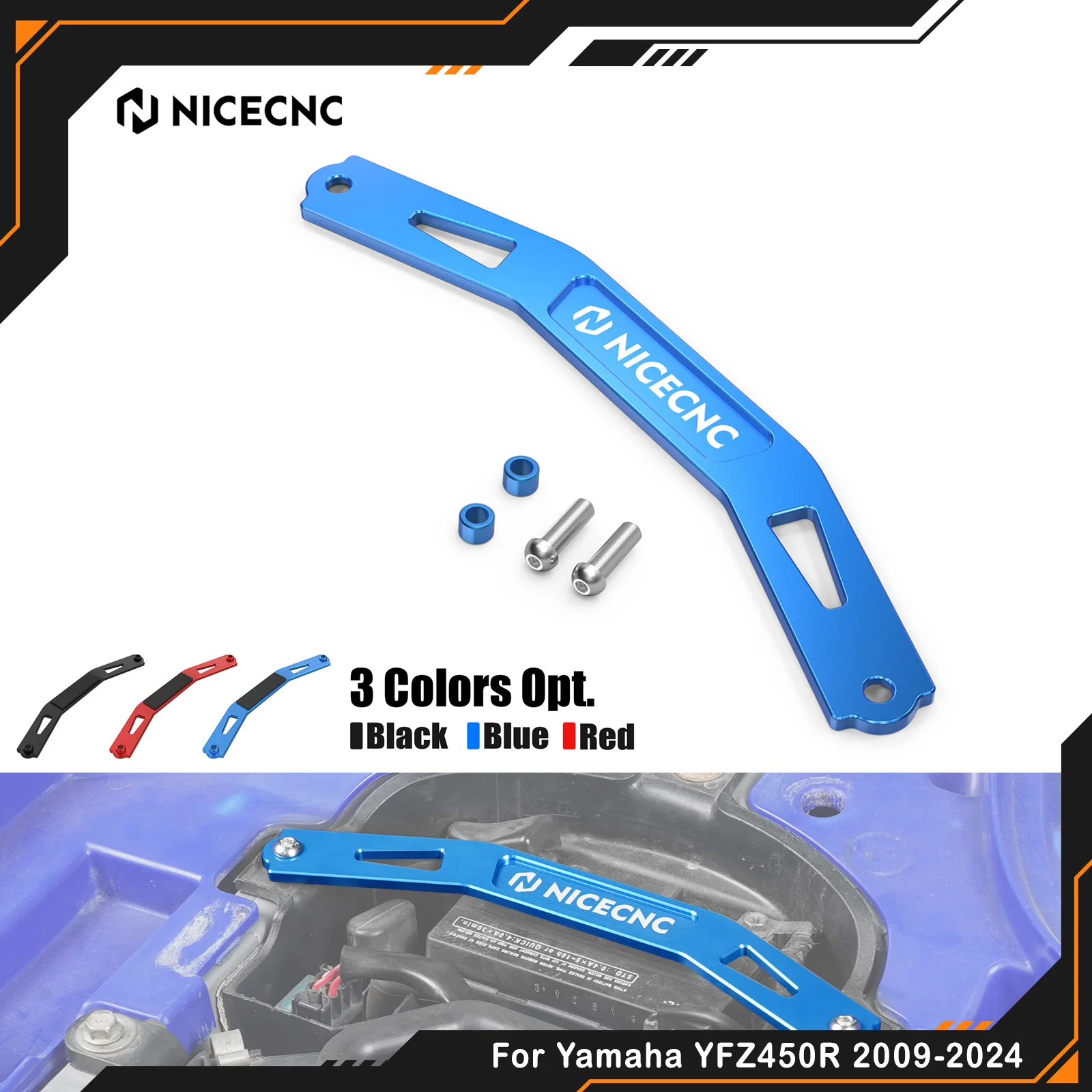 

NICECNC For Yamaha YFZ450R 2009-2024 Battery Holder Bracket Billet Aluminum Strap Tie Down With Protective Pad ATV Accessories