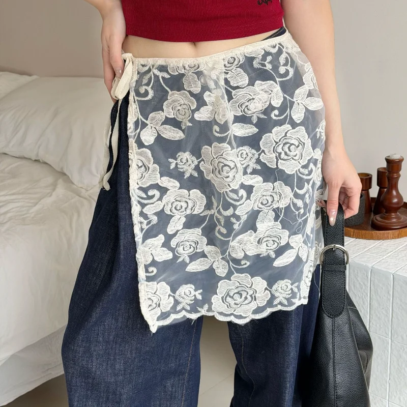 

2026 New Lace Openwork Curtain Women's Korean-style Tie-front Layered Skirt Pairs Well With Jeans Various Styles