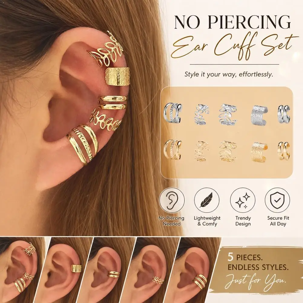 Fashion Ear Cuff Set Metal Hollow Leaf Design Clip Earrings for Women Girls Non Pierced Cartilage Fake Piercing Party Jewelry