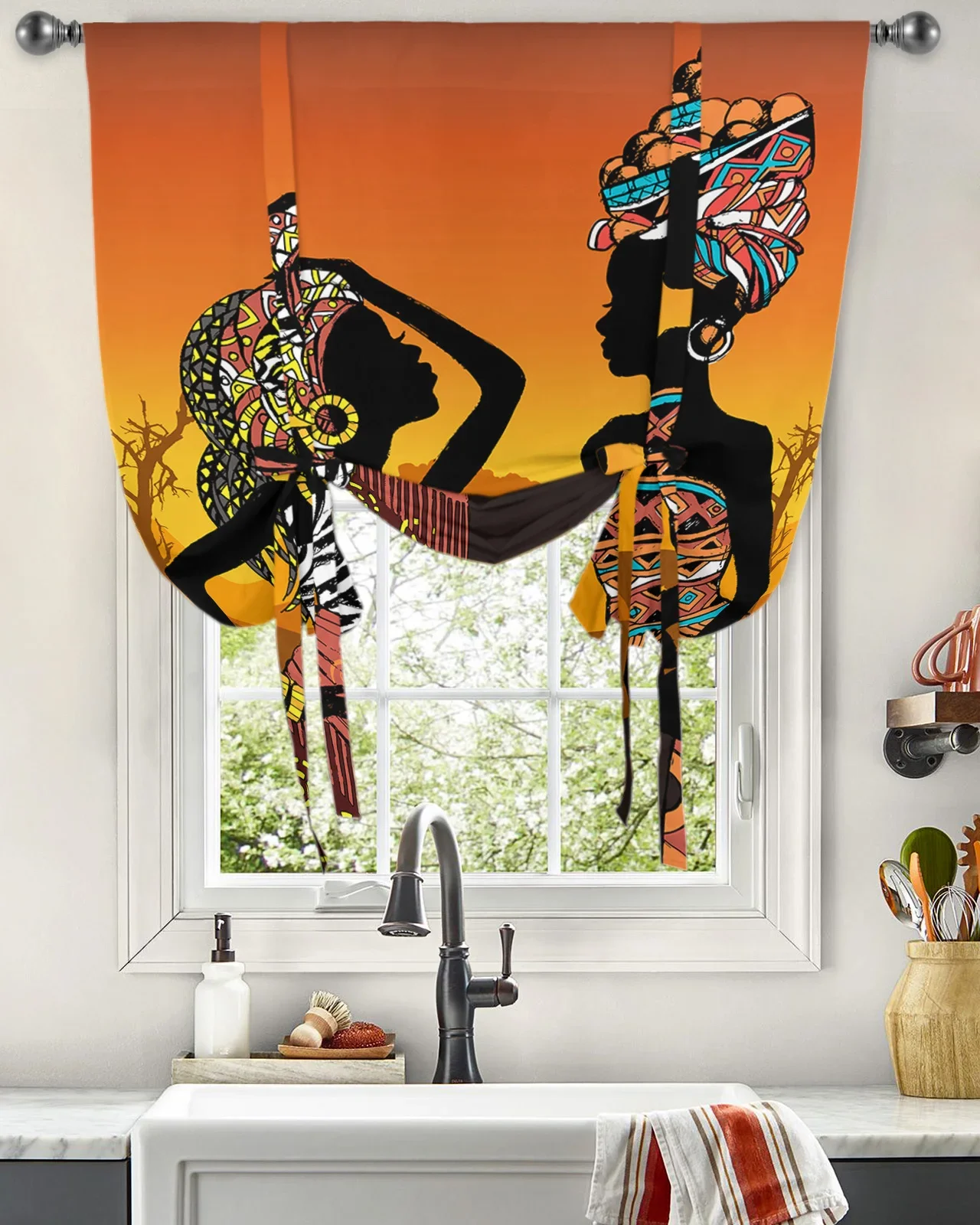 Ethnic Style African Women Black Women Window Curtain for Living Room Home Decor Blinds Drapes Kitchen Tie-up Short Curtains