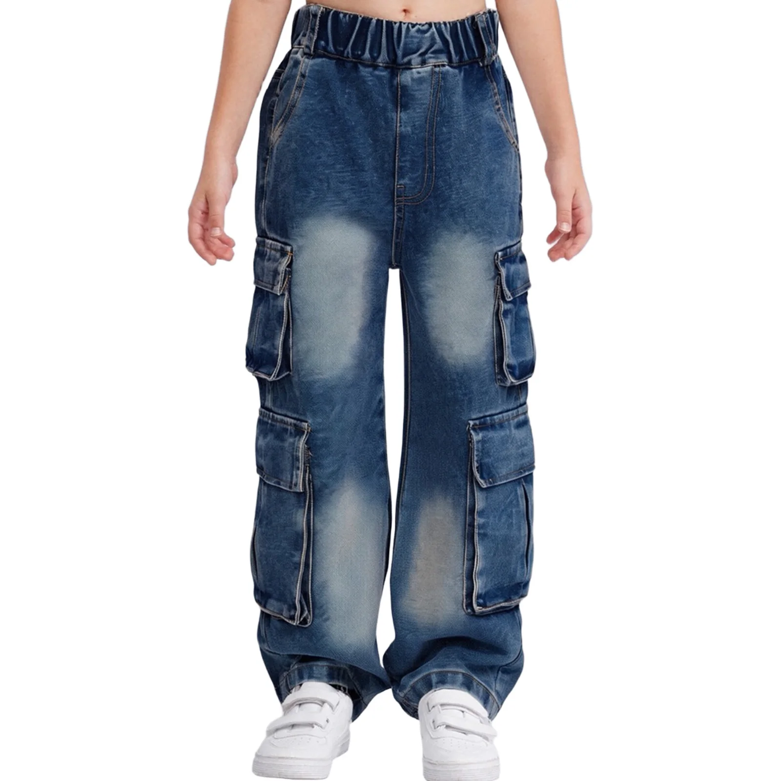 

Kids Girls Fashion Cargo Jeans Trousers Elastic Waistband Denim Pants with Flap Pockets for Hip-Hop Skateboarding Streetwear