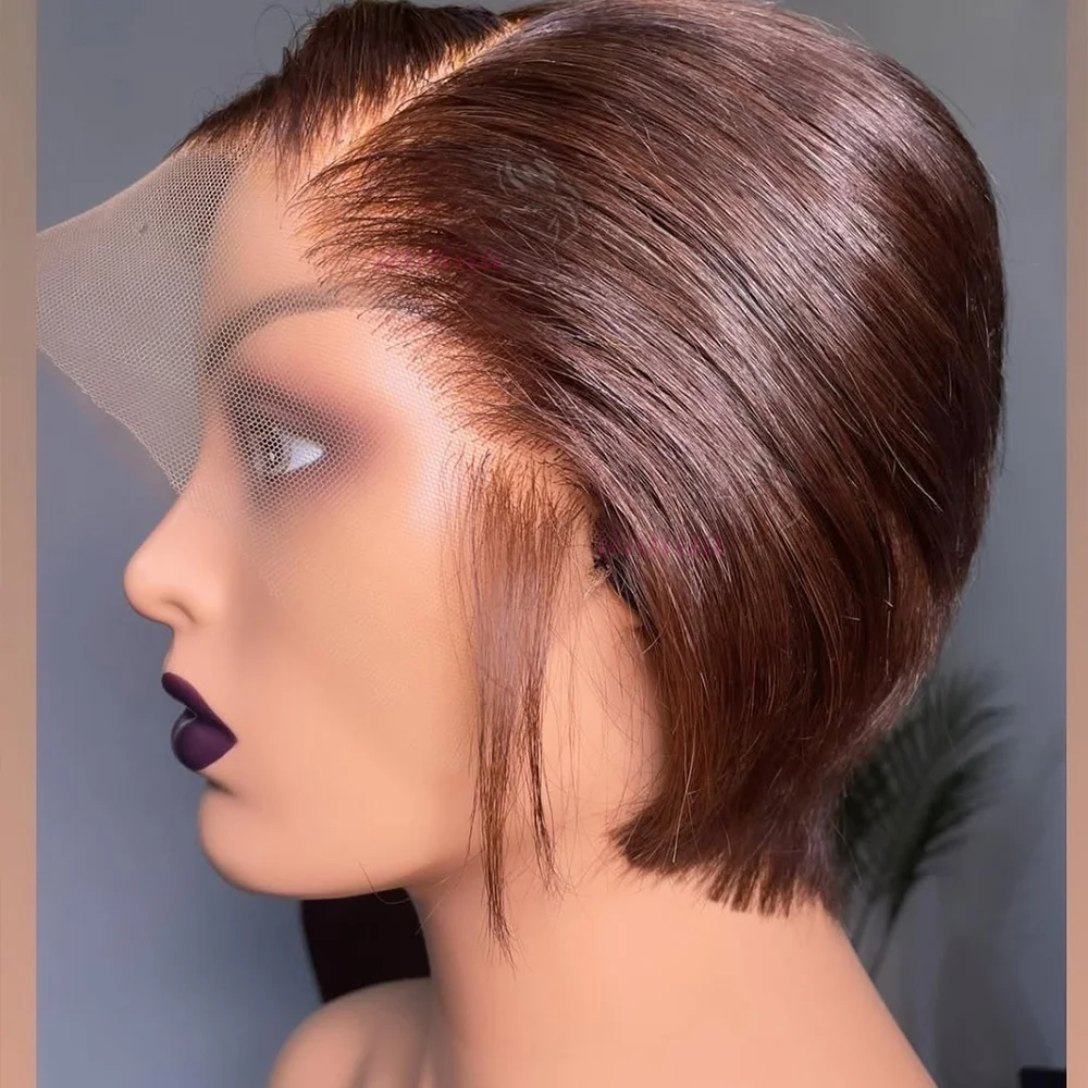 Ombre T1B/4 Braun Kurze Pixie-Cut-Perücken für Frauen Echthaar 200% Glatt Schokoladenbraun Lace-Front-Bob-Perücke Brasilianisches Remy-Haar – Detail 5