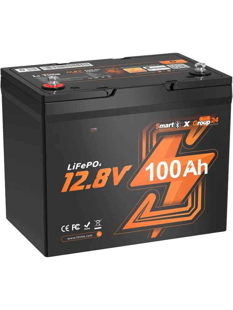 12V 100Ah Group 24 Bluetooth LiFePO4 Battery, Deep Cycle Lithium Battery, Built-in 100A BMS with Low-Temp Protection, Max