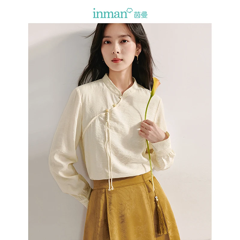 

INMAN 2024 Autumn Neo-Chinese Style Blouse Women's Shirt stand collar bead button jacquard long-sleeved clothing