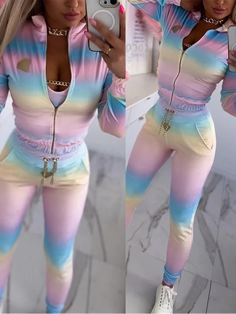 

3PCS Set Geometric Pattern Ombre Chain Decor Crop Top & Pocket Design Pants Set with Zipper Design Coat