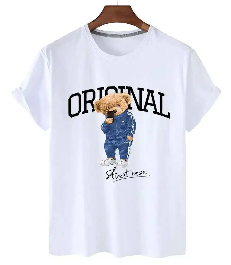 

Белая футболка с мультяшным медведем, синяя спортивная одежда, дизайн, хлопковый повседневный топ, милый животный принт, мужская и женская мода, уличный стиль, мягкая ткань