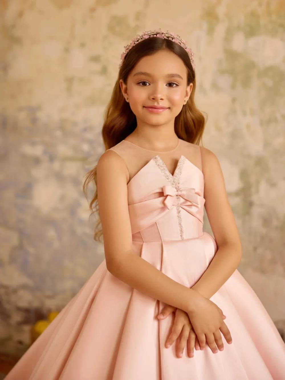 Pink Beaded Satin A-line Floor-length Princess Gown With Bow Elegant Luxury Oneck Sleeveless Girls Dresses For Party 2-14Y