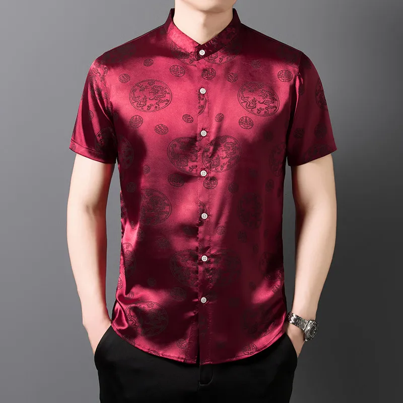 

M-XXXXL Plus Men's Chinese Style Tang Suit Shirt Short Sleeve Mandarin Collar Jacquard Top with Frog Buttons for Wedding Party