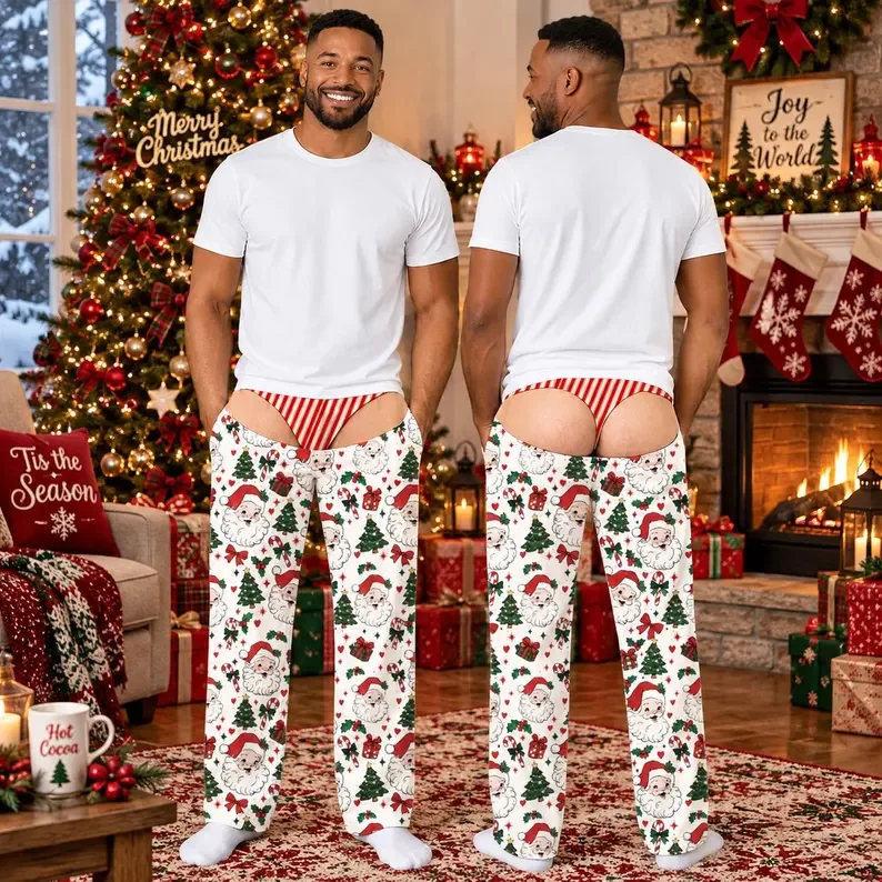 Men's Fun Christmas Santa Claus Printed Novel 3D Fake Red Stripe Pattern Thong Holiday Funny Gift Casual Long Pants