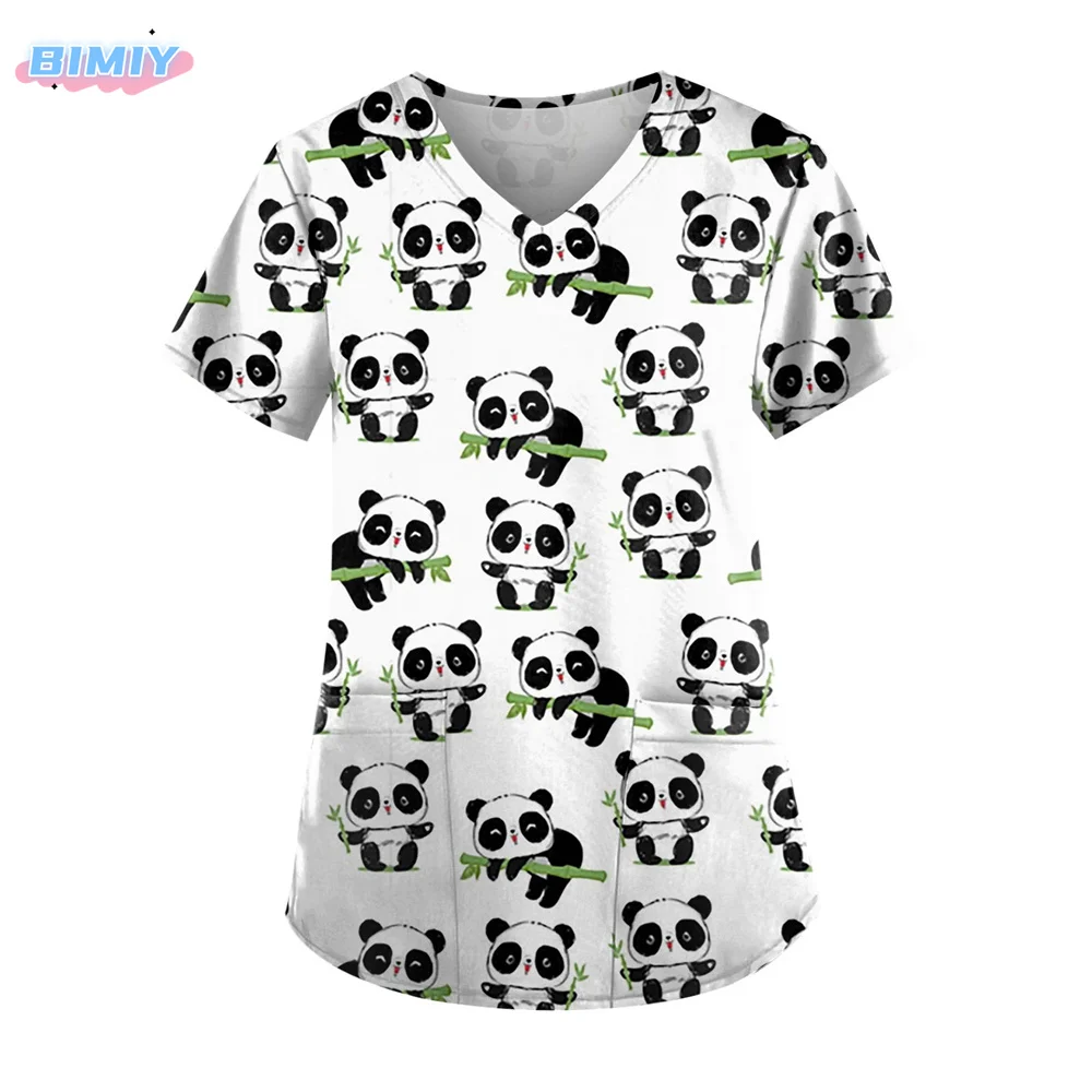 2024 Tops Women Scrub Short Sleeve V Neck Blouse Nurse Work Uniform T Shirt Cute Pandas Bamboo Print Graphic Nursing Clothes