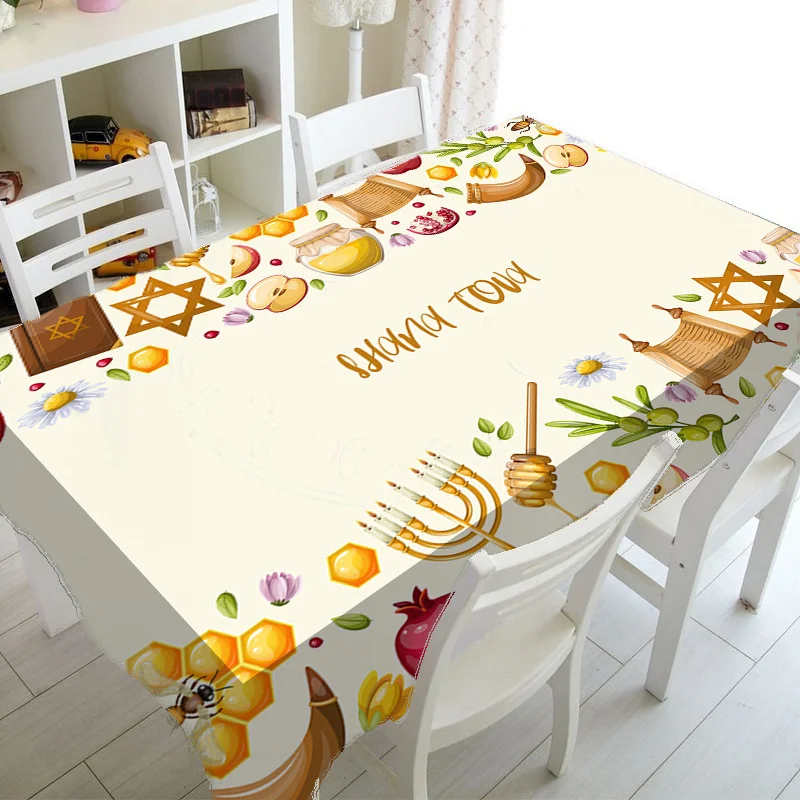 Happy Rosh Hashanah Honey Rectangle Tablecloth for Jewish Holiday Decor Reusable Kitchen Dining Tablecloth Shana Tova Decoration