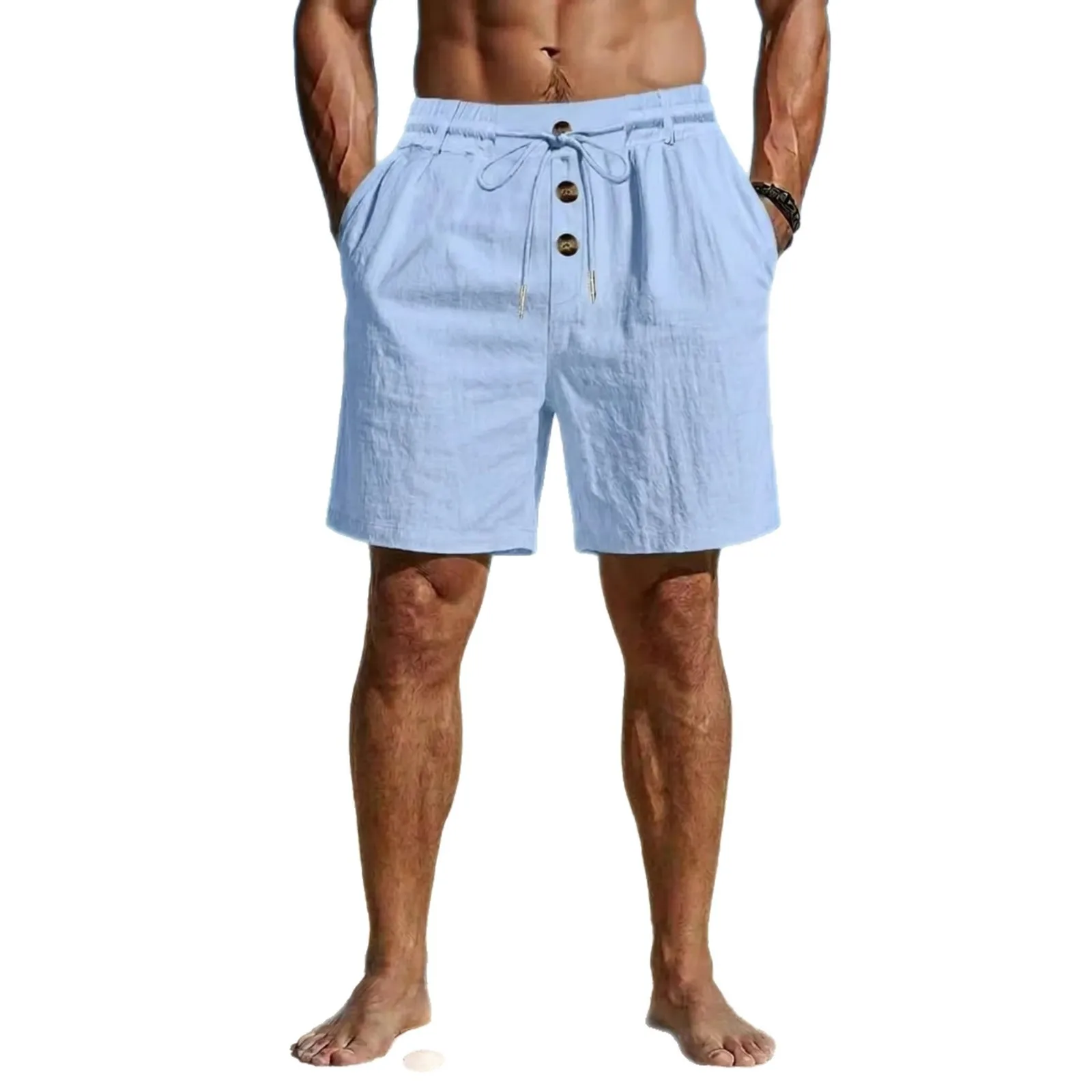 

New Men Linen Beach Shorts Spring Summer Breathable Washed Loose Five Point Drawstring Elastic Waist Button Decor Casual Shorts
