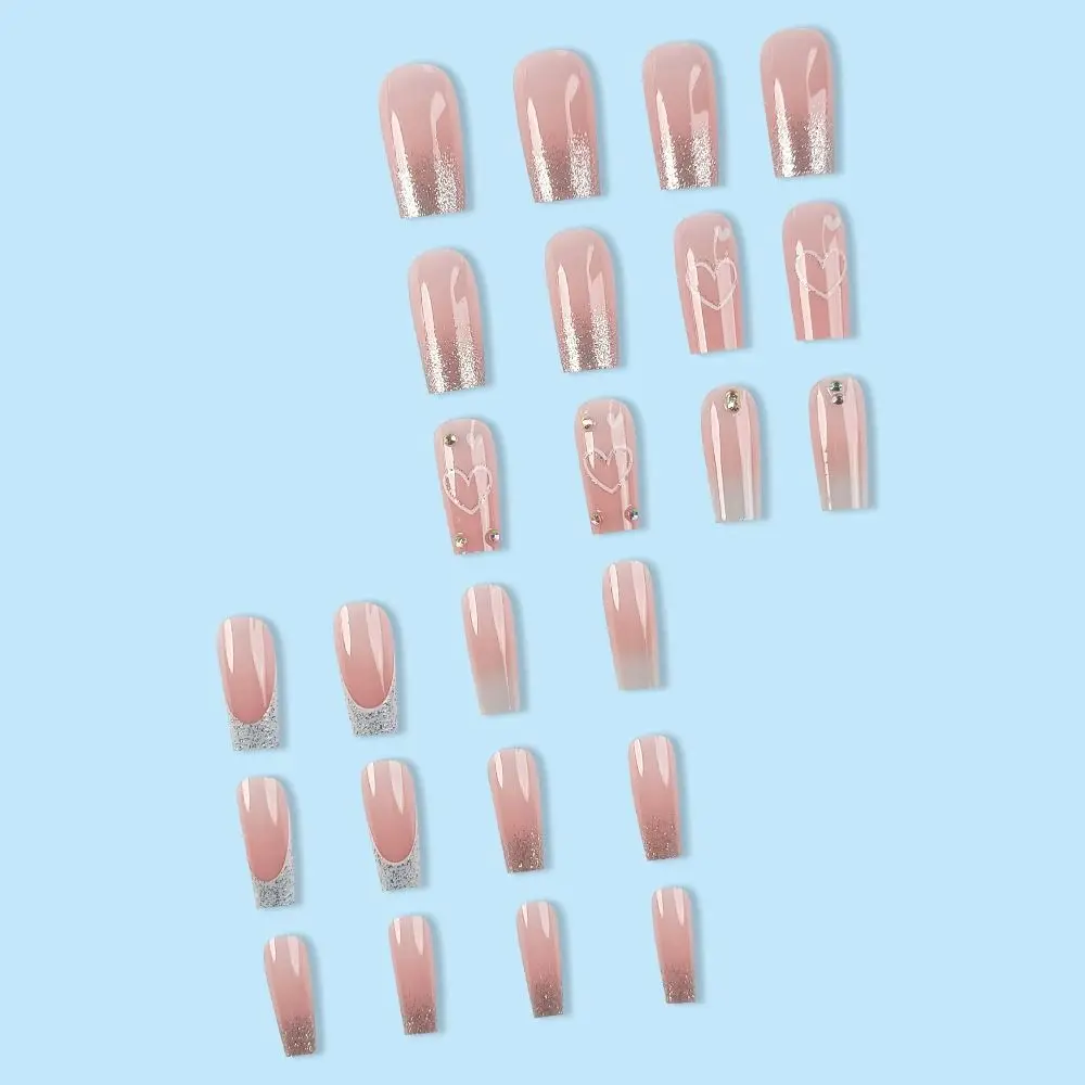 Longo unhas postiças para meninas, 24 pcs/box, tubo de água, cabeça quadrada, coração, amor, pressione as unhas, cobertura completa