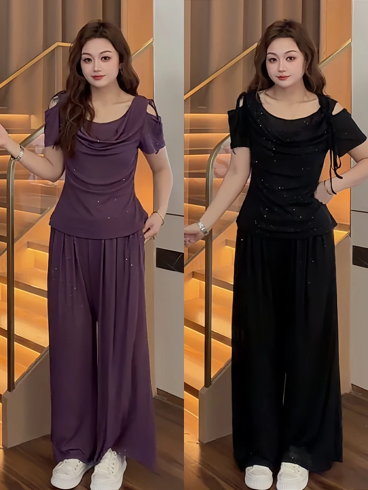 

plus Size Women's Summer Fashion Set Bamboo Rayon Shoulder Bared Wide Leg Pants High Waist Commute Korean Style Polyester Fiber