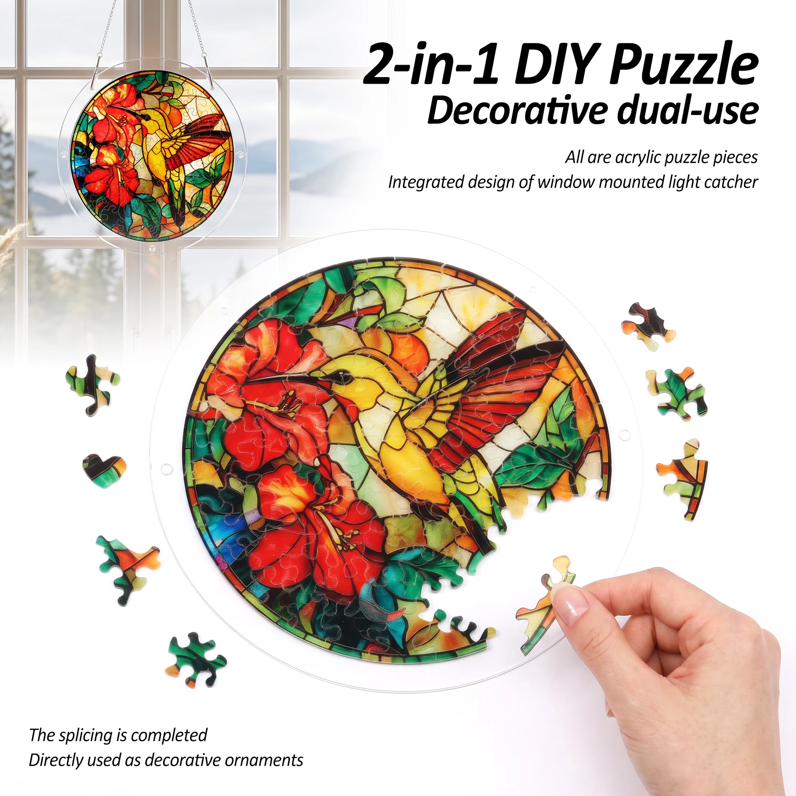Hummingbird/Sunflower Irregular Jigsaw Puzzle Suncatcher Decorative Stained Glass Acrylic Sun Catcher Pendant for Window Balcony