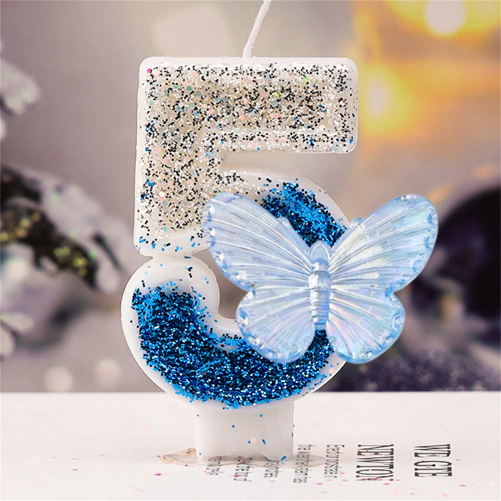 Number 0-9 Birthday Candle Blue Butterfly Themed Cake Candle for Birthday Party Large Cute Candles for Cake Topper Decoration