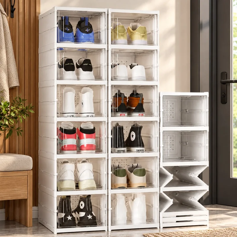 Clear Stackable Shoe Storage Organizer with Three Foldable Compartments, Dustproof Design for Sneakers