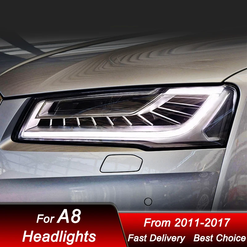 

Поп-автомобильные светодиодные фары для Audi A8 A8L 2011-2017, матричный стиль, полная светодиодная фара в сборе, обновленный комплект аксессуаров для линз проектора