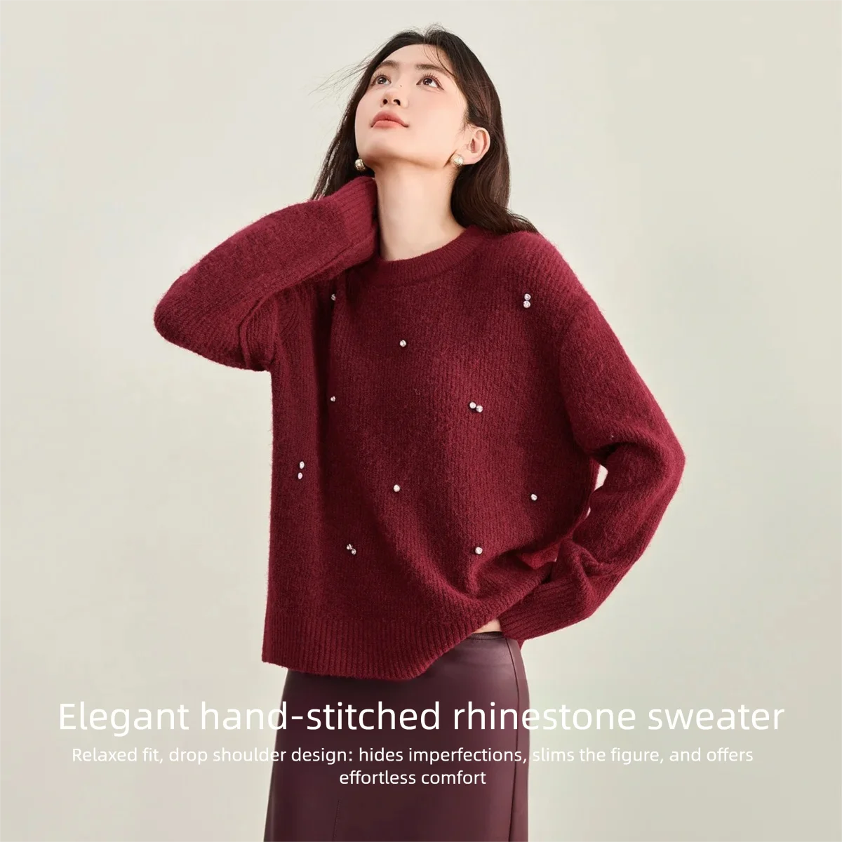 SENTUBILA المرأة رداء علوي من الصوف البلوز 2025 الخريف ركاب اليدوية حجر الراين س الرقبة فضفاضة خفيفة الوزن محبوك W53EE3375