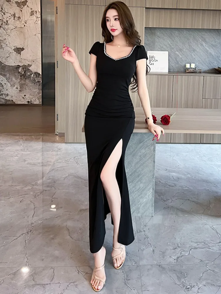 

Длинное платье с квадратным воротником и бисером на талии, с высоким разрезом, ort Sve, женское модное облегающее платье для похудения, сексуальный Sle