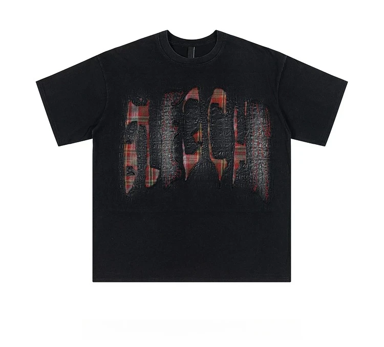 Summer New American Street Style Men’ s Black Red Plaid Print Loose Casual Versatile Round Neck Short Sleeve T-shirt