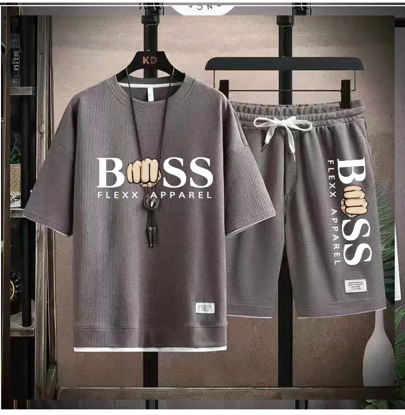 BSS FLEXX APPAREL ผู้ชาย 2 ชิ้นชุดผ้าลินินผ้าสบายๆเสื้อยืดและกางเกงขาสั้นชุดบุรุษชุดกีฬาแฟชั่นแขนสั้น