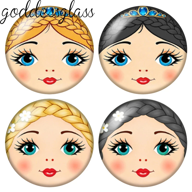 New Russian Doll Face Matryoshka Girl Braided Hair 10pcs 12mm/18mm/20mm Round Photo Glass Cabochon Flat Back Making Findings