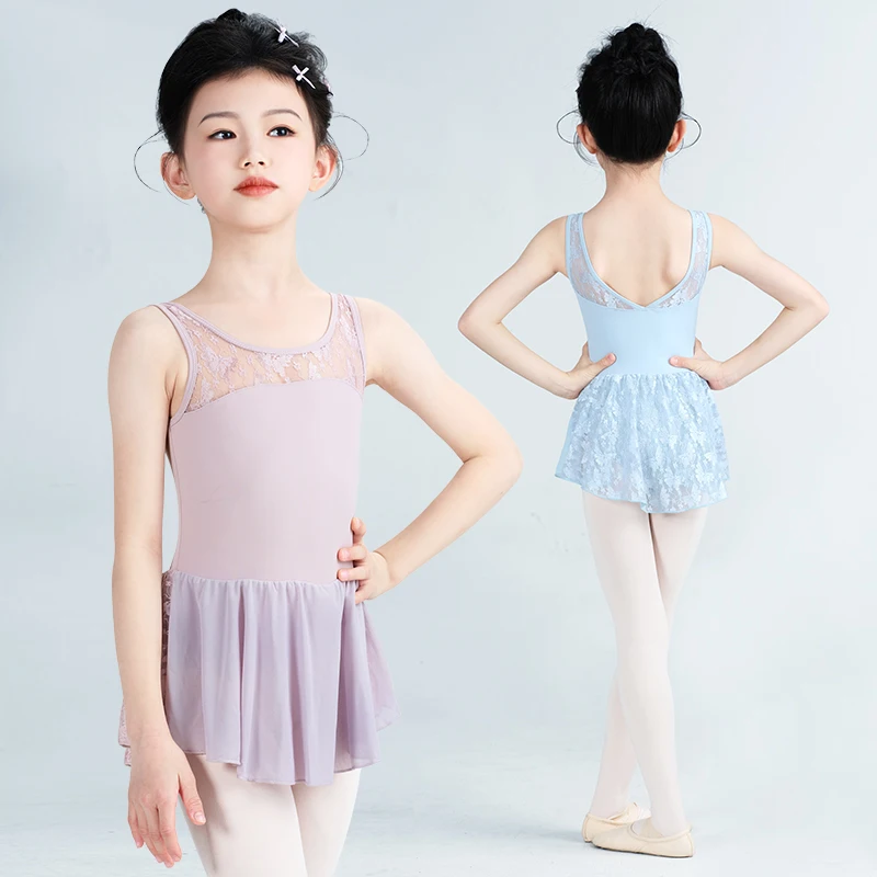 

Girls Ballet Dress Nylon Lace Splice Dance Leotards Vest Kids Gymnastics Sleeveless Tutu Dress Skirts Ballet Costumes