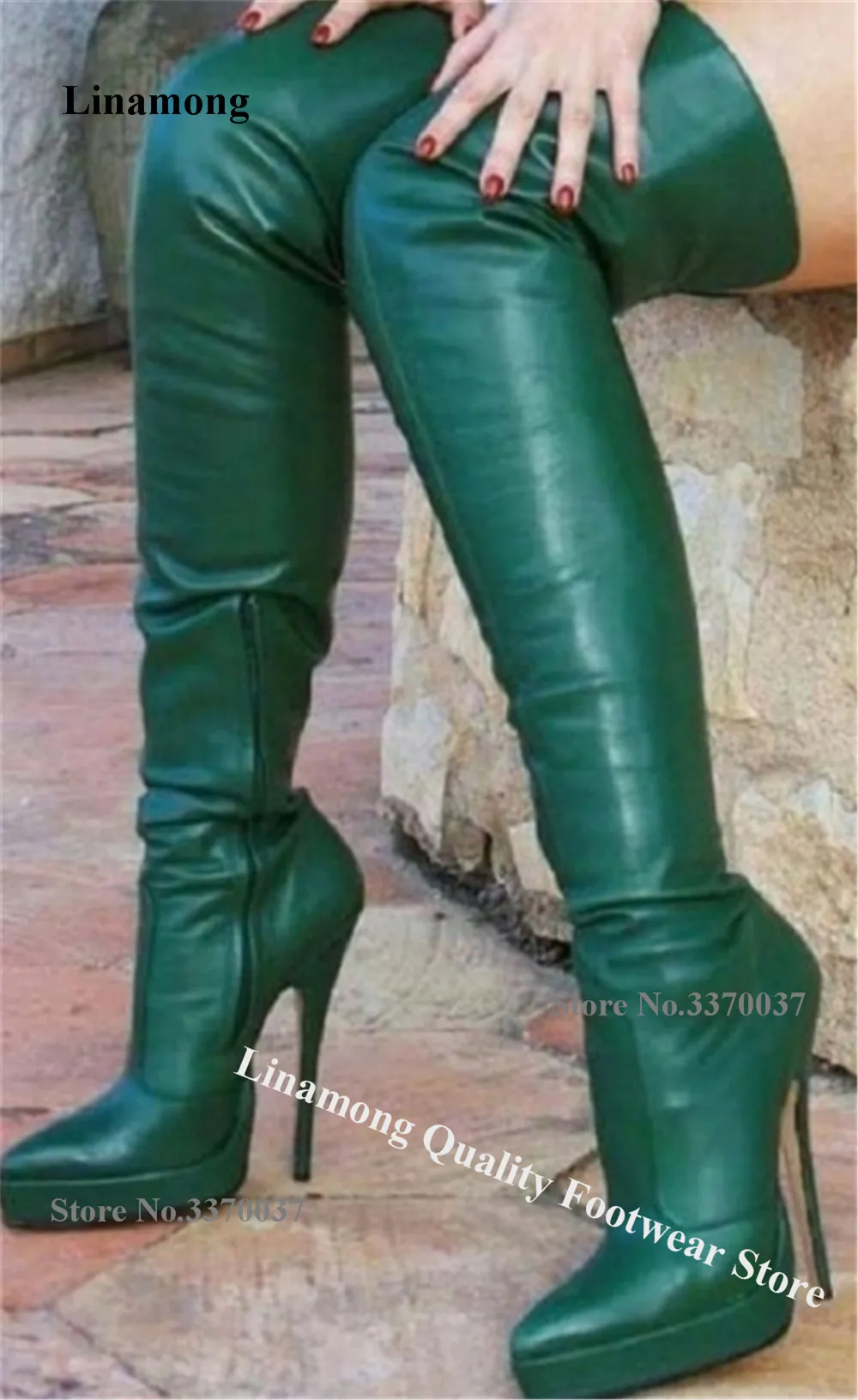 

Linamong/Новейшие сапоги выше колена на платформе с острым носком и шпилькой, пикантные тонкие стильные зеленые матовые кожаные сапоги на тонком каблуке, длинные сапоги