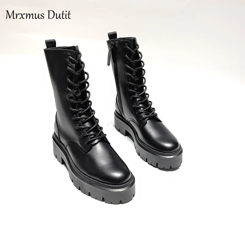 Mrxmus Dutit 2024 Winter Fashion New Women Genuine Leather Lacing Flat Short Boots Round Head Simple Casual Short Female Chic